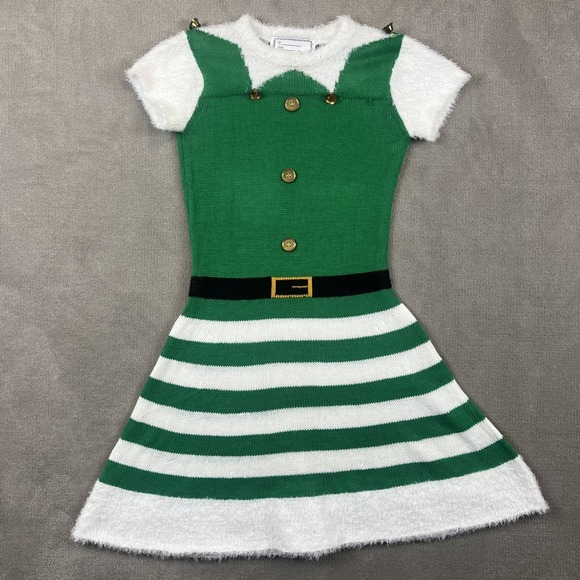 With Love Derek Christmas Elf Sweater Dress Womens Medium Green White Striped — photo 2